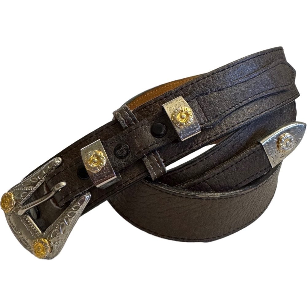 DunDee Belt Mens 34 Brown Western Leather Silver Gold Buckle 553 Rodeo Cowboy